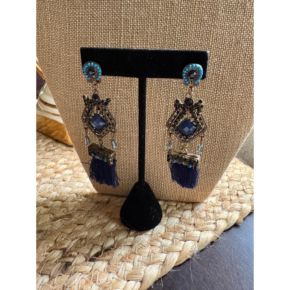 Boho Blue Tassel Statement Chandelier Earrings Antique Brass Tone Rhinestone